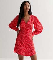 New Look Red Floral V Neck Button Front Mini Dress